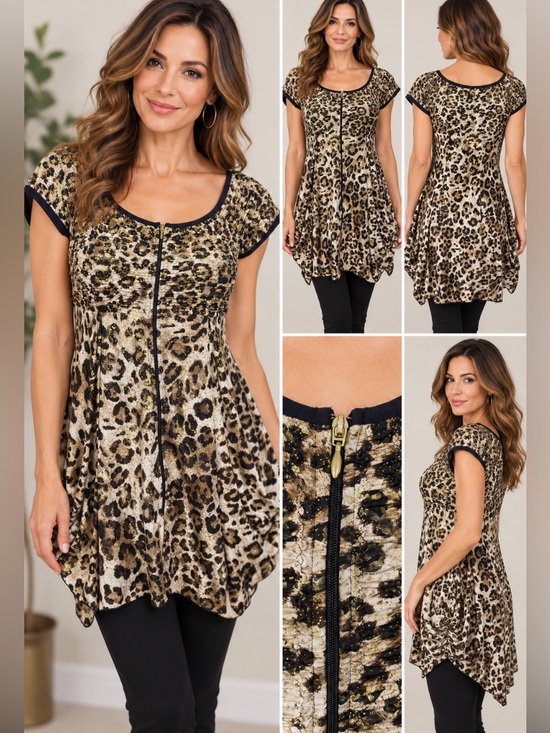 Joseph Ribkoff Dresses & Skirts - Vintage Joseph Ribkoff Leopard Animal Print Sequin Tunic Top Asymmetrical Hem